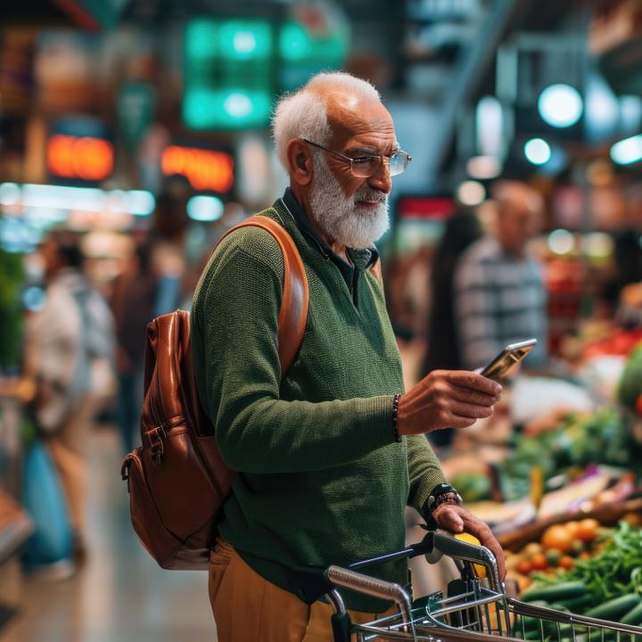 Senior man shopping in grocery store