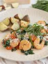 A plate of shrimp saute and diced potatoes for a DASH diet recipe for diabetes friendly eating