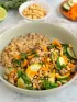 Turkey and vegetable stir-fry with brown rice in bowl