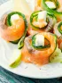 Photograph of salmon and cucumber rolls.