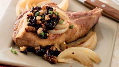 Braised Pork Chops with Cranberry Walnut Chutney