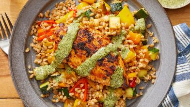Smoky Chicken & Creamy Cilantro Sauce with Sweet Pepper & Zucchini Farro
