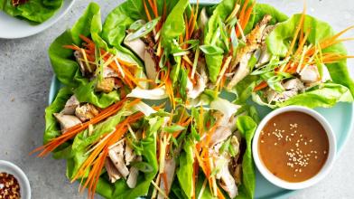 Chicken and Cucumber Lettuce Wraps with Peanut Sauce 