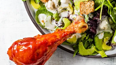 Buffalo Chicken Legs with Blue Cheese Salad