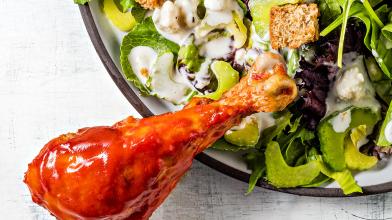 Buffalo Chicken Legs with Blue Cheese Salad