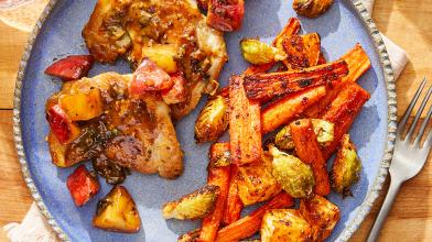 Chicken & Apple-Sage Pan Sauce with Roasted Brussels Sprouts, Carrots & Turnip