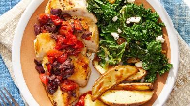 Greek Chicken & Potatoes with Sautéed Kale, Raisins & Feta Cheese