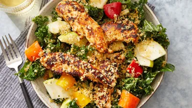 Spiced Chicken & Kale Salad with Parmesan Breadcrumbs & Salsa Verde Dressing