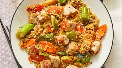 Pork & Freekeh Stir Fry with Brussels Sprouts, Carrots, and Shishito Peppers