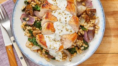 Seared Pork Chops & Cucumber Yogurt with Za’atar Vegetable Barley