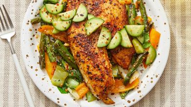 Togarashi Tilapia & Marinated Cucumber with Miso Stir-Fried Vegetables