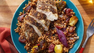 Za’atar Chicken & Farro with Roasted Grapes, Onion & Brussels Sprouts 