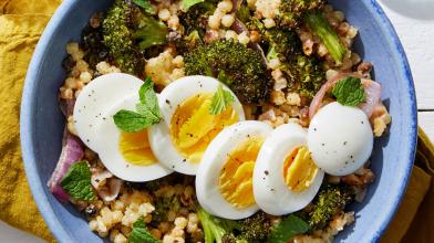 Roasted Broccoli & Fregola Sarda with Hard-Boiled Eggs & Tahini Dressing