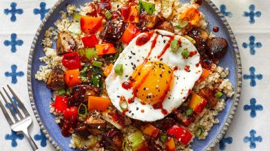 Stir-Fried Vegetables & Freekeh with Eggs & Gochujang Honey Drizzle