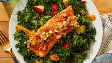 Smoky Salmon & Shallot-Date Sauce with Roasted Vegetable & Kale Salad