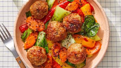 Orange & Ponzu-Glazed Turkey Meatballs with Stir-Fried Vegetables and Furikake