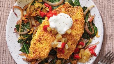 Southern-Style Tilapia & Collard Greens with Piquillo Pepper and Pickle Relish