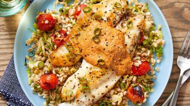 Tilapia & Creamy Romesco Sauce with Barley, Tomatoes, and Brussels Sprouts