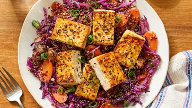 Sesame & Maple-Glazed Tofu with Vegetable Quinoa and Furikake