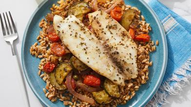 Veracruz-Style Tilapia & Farro with Zucchini, Tomatoes, and Pickled Jalapeño