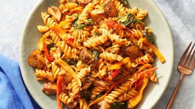 Chickpea Pasta & Calabrian Tomato Sauce with Mushrooms, Spinach, and Peppers