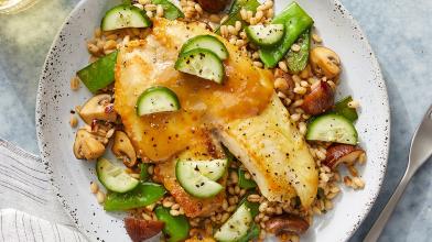 Sweet & Savory Glazed Tilapia over Barley, Snow Peas, and Mushrooms