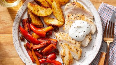 Seared Chicken & Goat Cheese Sauce with Roasted Potatoes and Carrot-Pepper Agrodulce