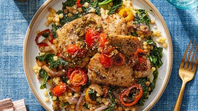 Oregano Chicken Thighs & Fregola Sarda with Tomato-Caper Pan Sauce