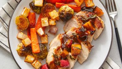 Seared Pork & Roasted Vegetables with Apple and Sage Pan Sauce