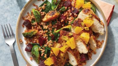 Dukkah-Spiced Chicken & Orange Salsa with Brussels Sprout, Spinach, and Beet Farro