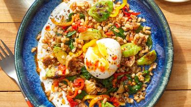 Mediterranean Farro Bowls with Lemon Yogurt and Chili Oil