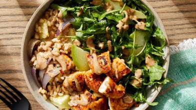 Tahini-Balsamic Chicken Bowls with Barley, Arugula, and Pear