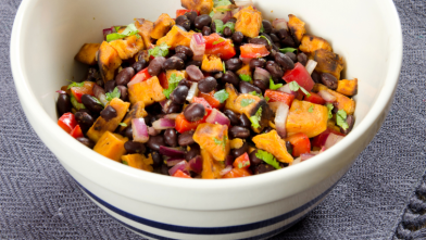 A bowl of black bean and peach salsa