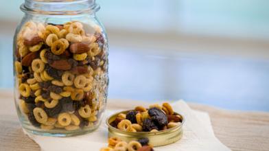 A jar and sample of power snack mix recipe