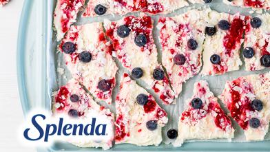 A sheet pan of frozen yogurt bark with berries