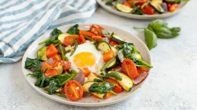 Baked Eggs with Roasted Spring Vegetables