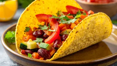 A corn tortilla taco filled with vegetables on a plate. 