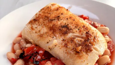 Cod with Roasted Peppers and White Beans