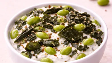 white bowl with sweet and savory seaweed edamame yogurt