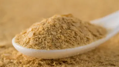 White spoon holds a mound of light brown nutritional yeast flakes.