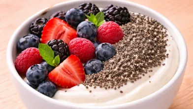Mixed Berry Chia Yogurt in white bowl