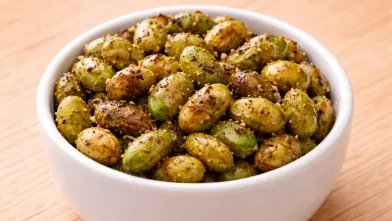 Roasted edamame in ceramic bowl