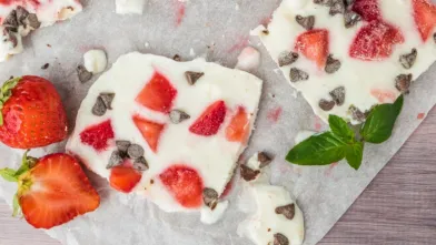 Frozen yogurt bark with strawberries, chocolate chips, and fresh mint.