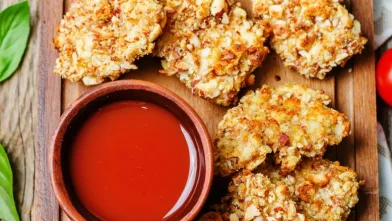Crispy chicken nuggets with nutty crust and a small bowl of red dipping sauce.