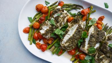 Pesto-Encrusted Cod with Roasted Tomatoes and Asparagus