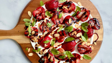 Grilled Strawberries on “Crème” with Balsamic Glaze