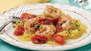 Spaghetti Squash “Pasta” with Shrimp, Tomatoes, and Basil (“Pasta” di Zucca con Gamberi, Pomodori, e Basilico)