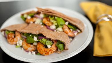 Budget-Friendly Greek Salad and Grilled Shrimp Pitas