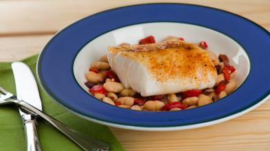 Cod on Roasted Pepper and White Beans