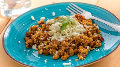 Huevos Rancheros with Pinto Beans, Brown Rice and Chicken Sausage